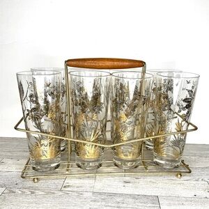 set of 8 MCM William Meier gold foliage highball glasses in gold caddy